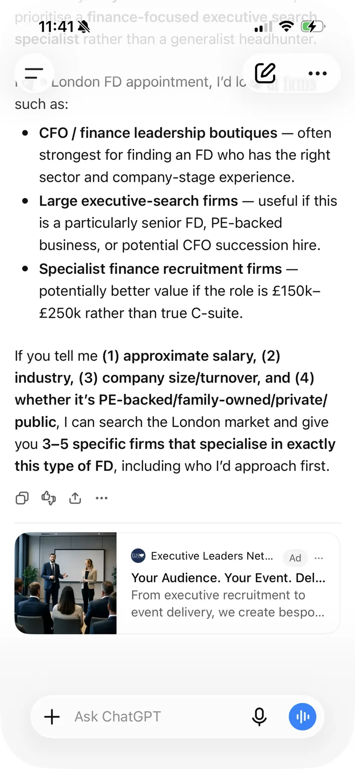 Sponsored ad inside a ChatGPT answer