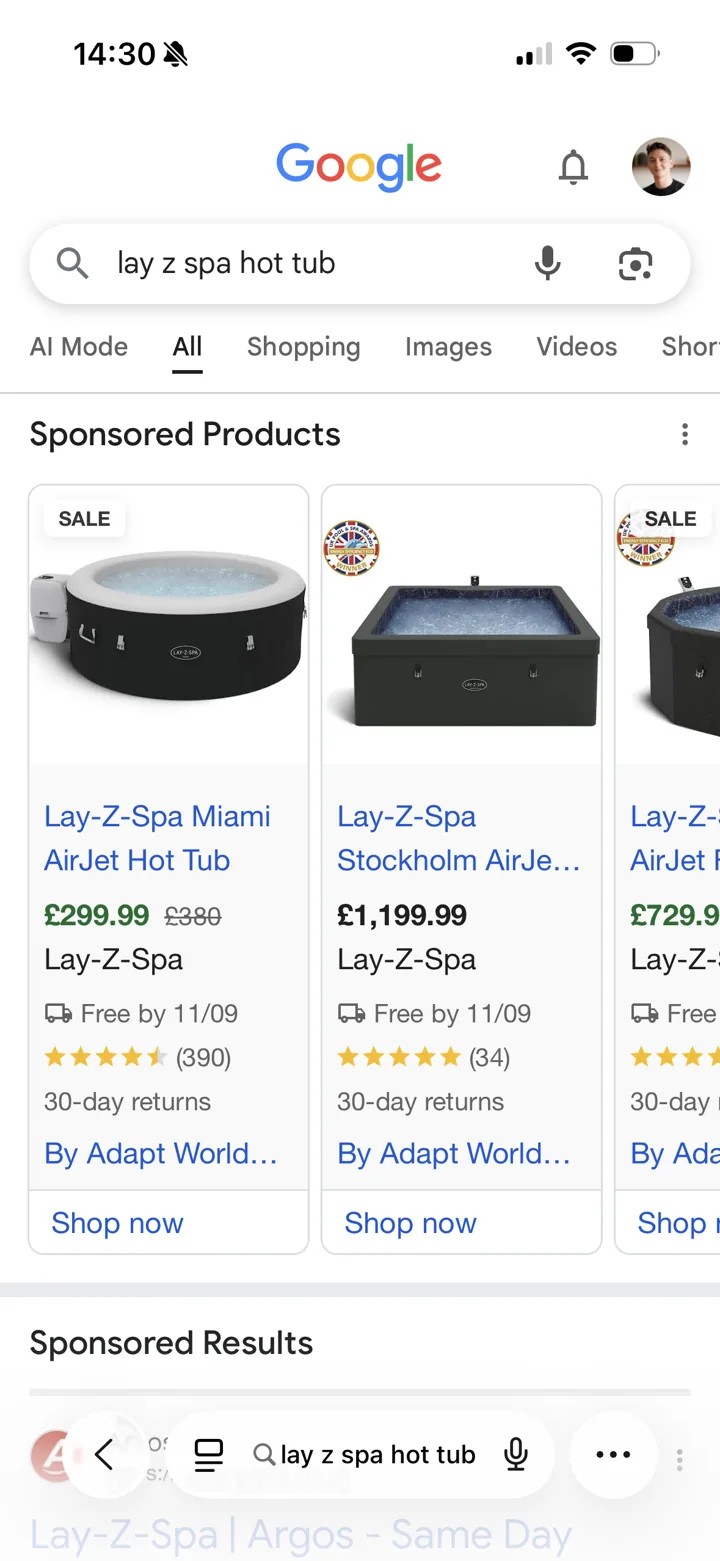 Lay-Z-Spa hot tubs in Google's sponsored products on mobile